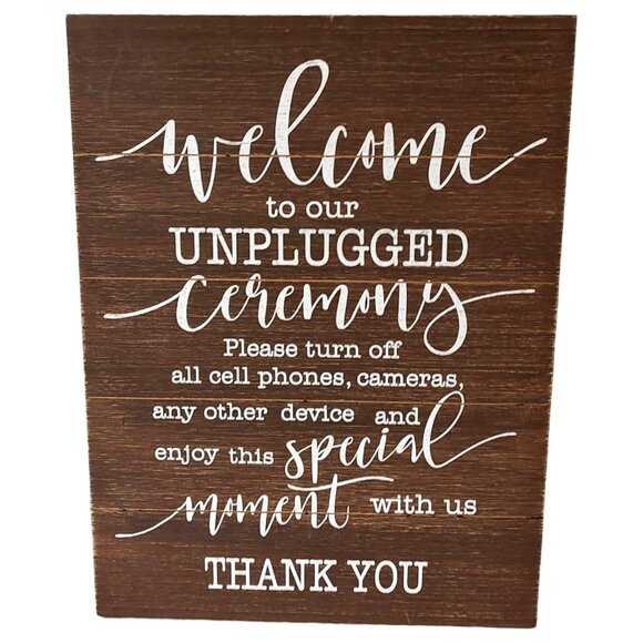 Welcome To Our Unplugged Ceremony Sign Rustic Wooden Wedding Decor 10" x 8" - Picture 1 of 7